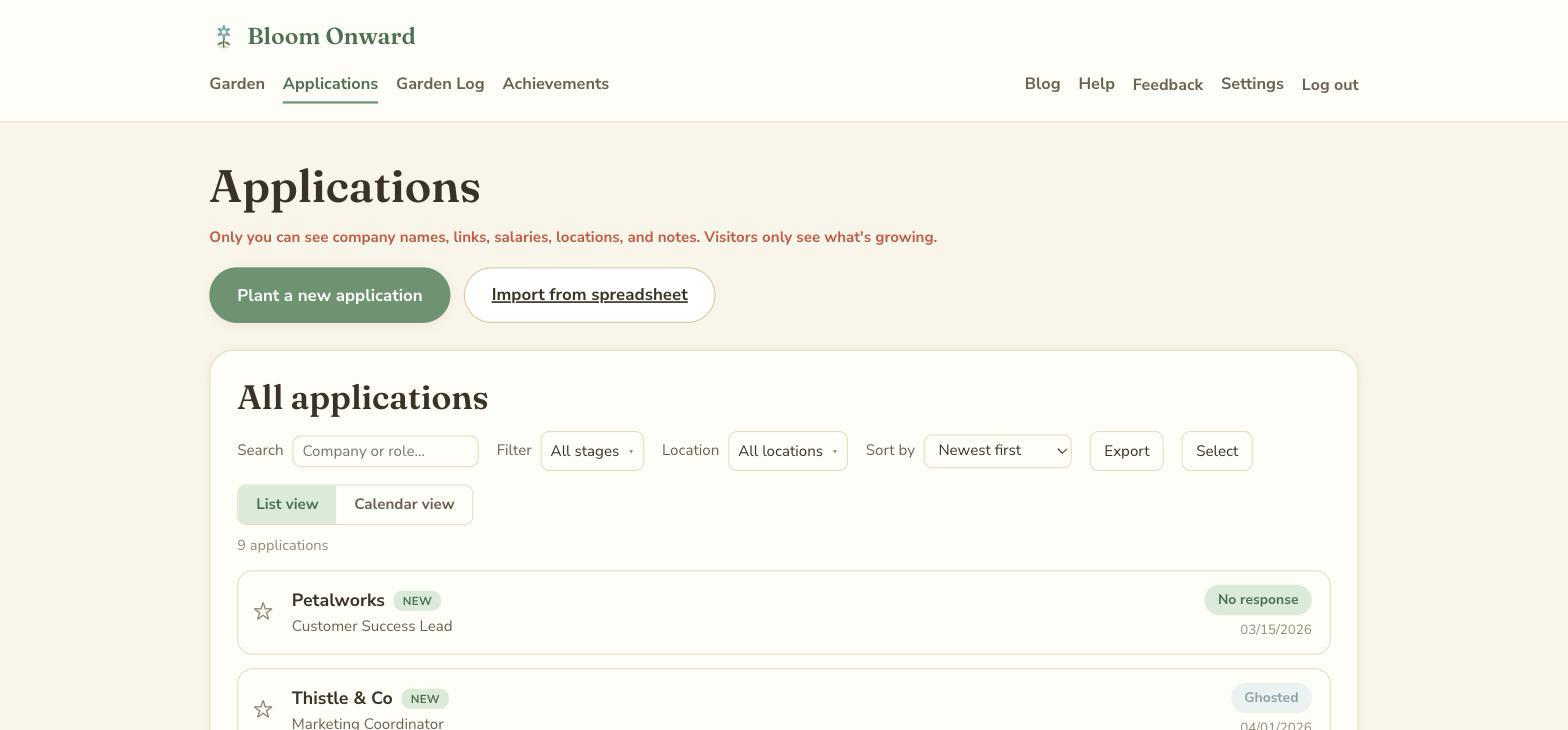 The Applications list, with search, filters, sort, and export controls above a list of application cards