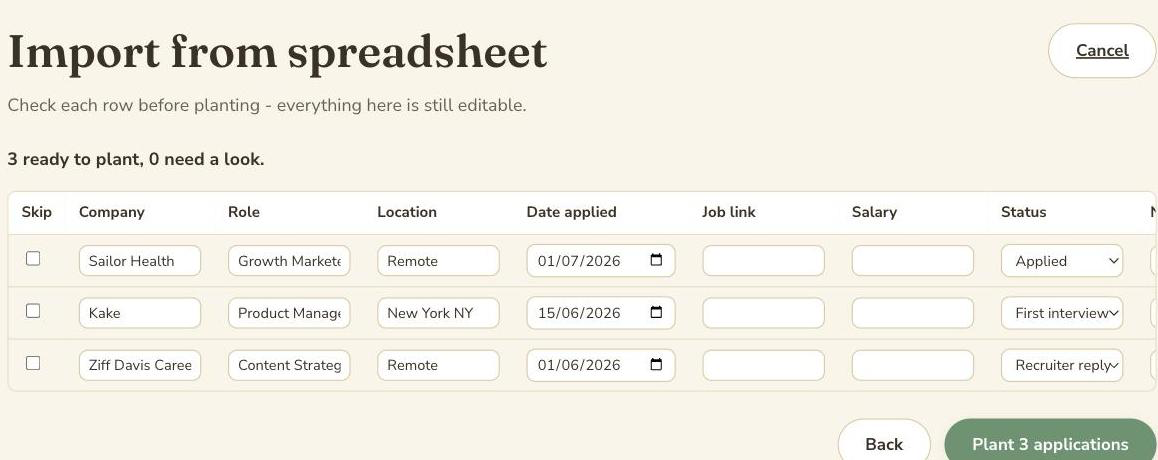The CSV import review screen, showing three parsed rows ready to plant with editable company, role, location, date, and status fields