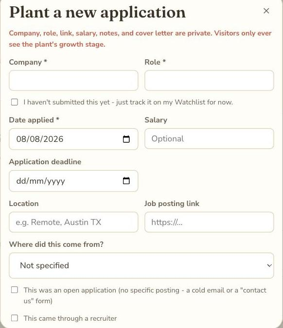 The 'Plant a new application' form, showing fields for deadline, salary, location, job link, source, open application, and recruiter