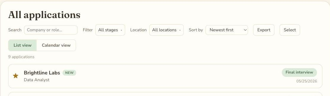An application list with search, stage filter, location filter, and sort controls, and one application pinned to the top with a gold star
