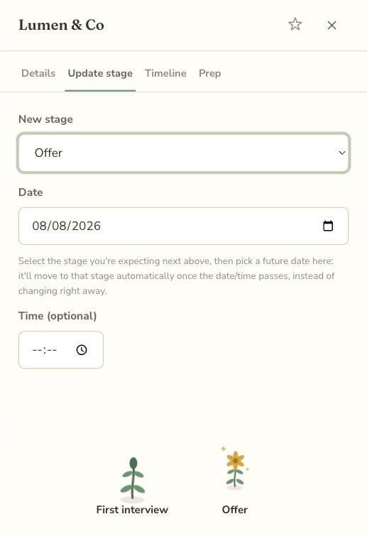 The Update stage panel, moving an application from 'First interview' to 'Offer', with a plant preview and a note that a future date schedules the change automatically